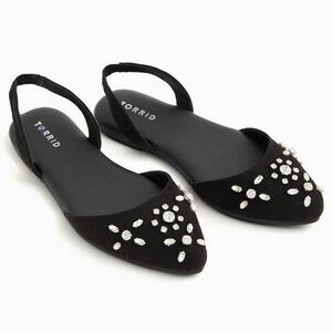 New Torrid 8W 8 Wide Width Black Embellished‎ Rhinestone Slingback Dressy Flats